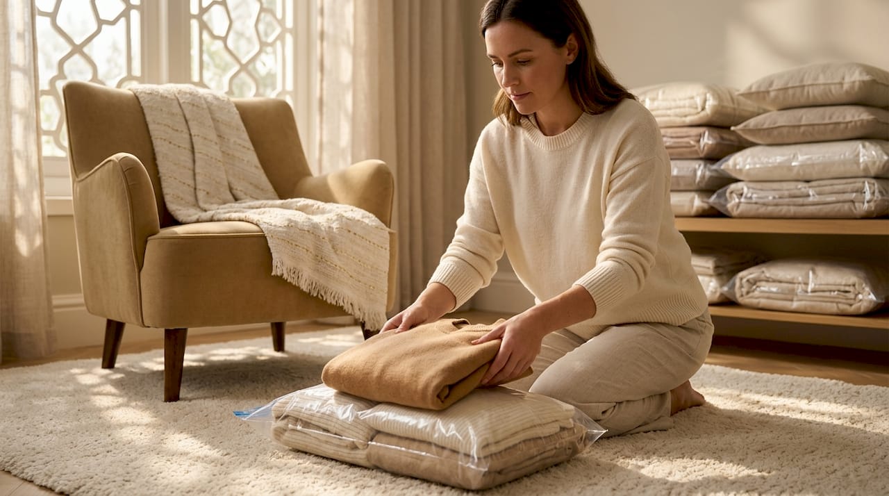 Hands packing clothes into storage vacuum bag