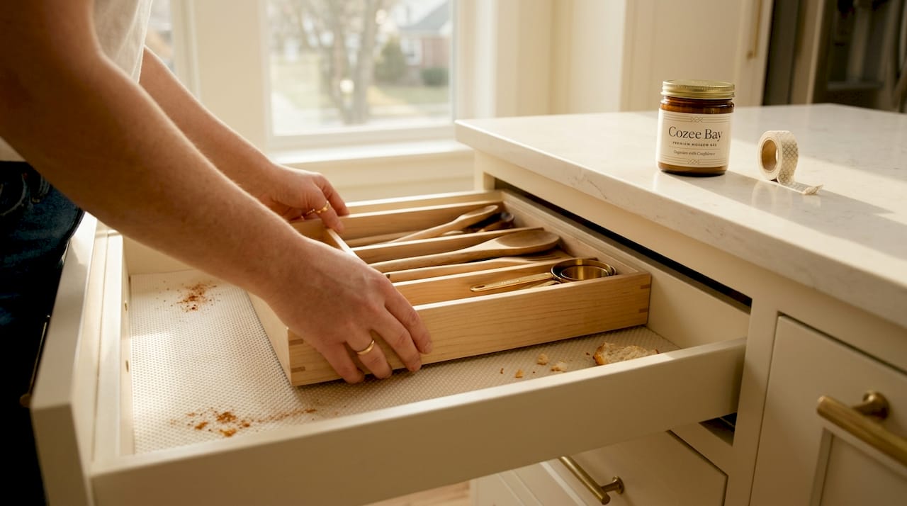 Hands installing drawer organizer with non-slip liner