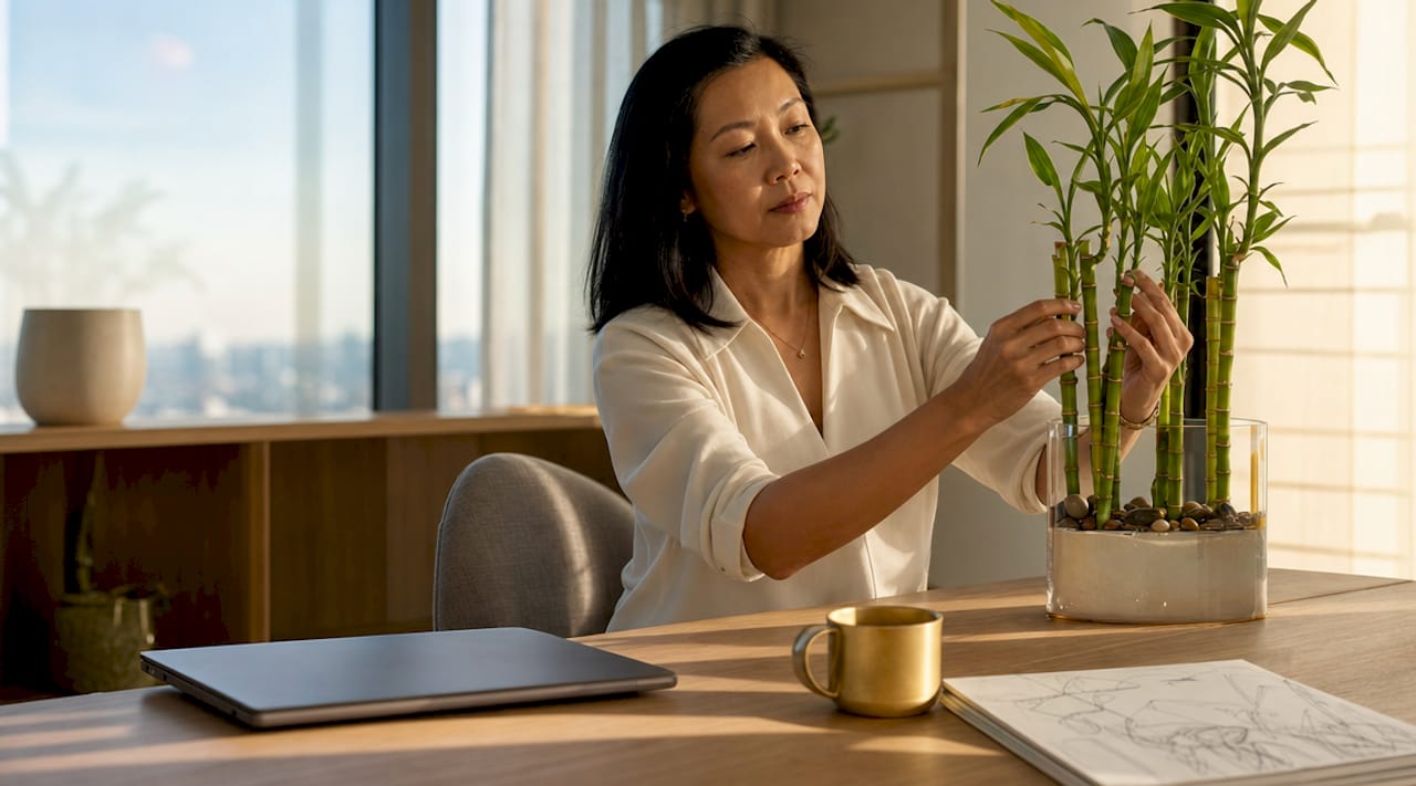 Woman placing bamboo plant on office desk