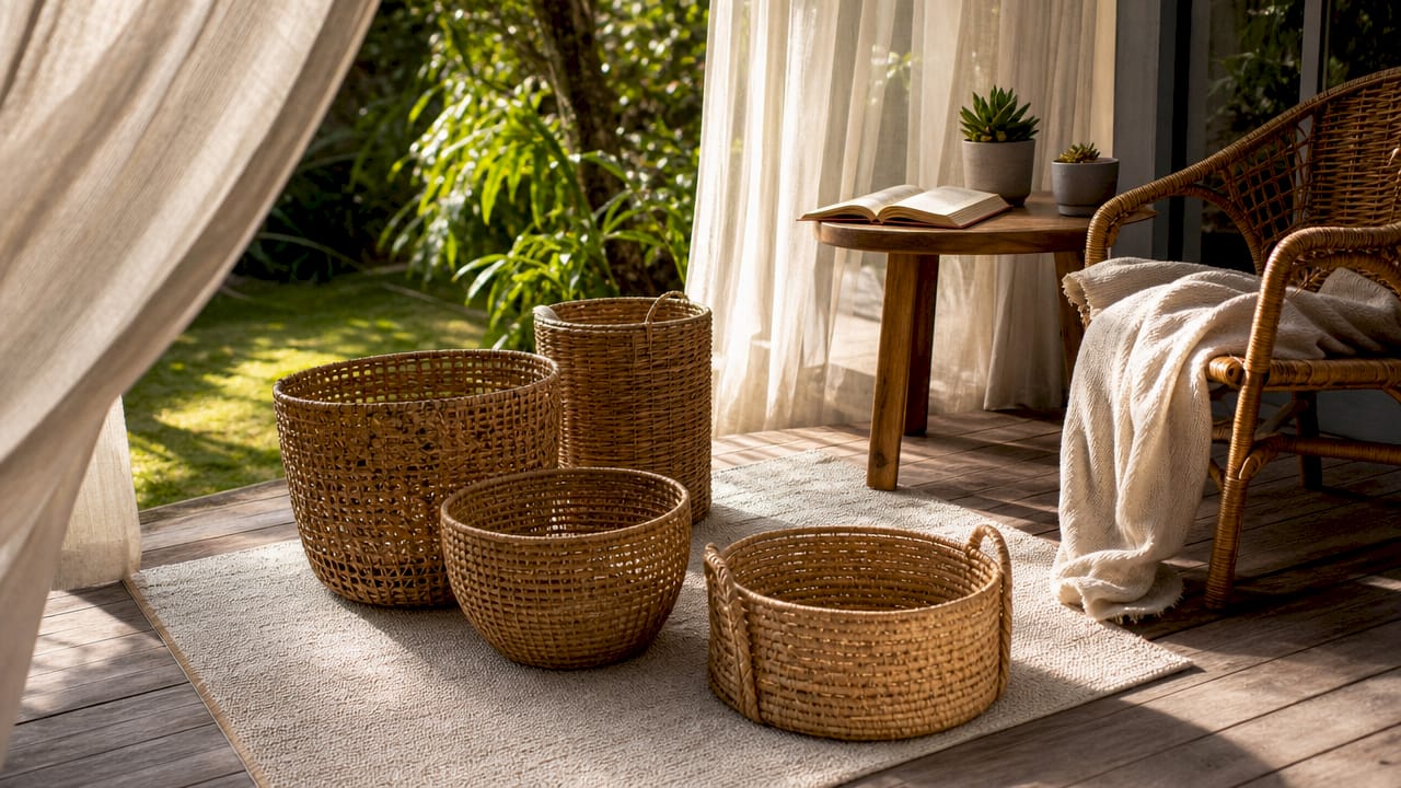 Bamboo baskets styled in eco-friendly living room