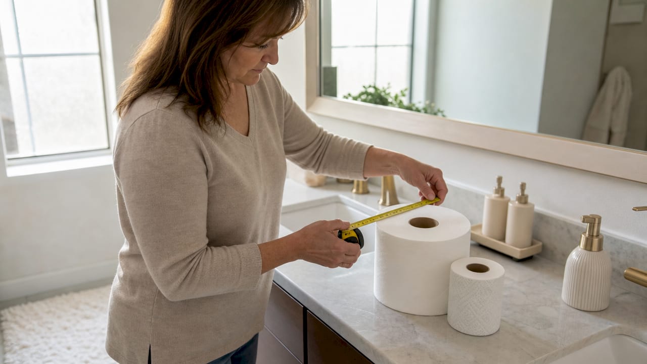 Woman comparing standard and jumbo toilet paper rolls
