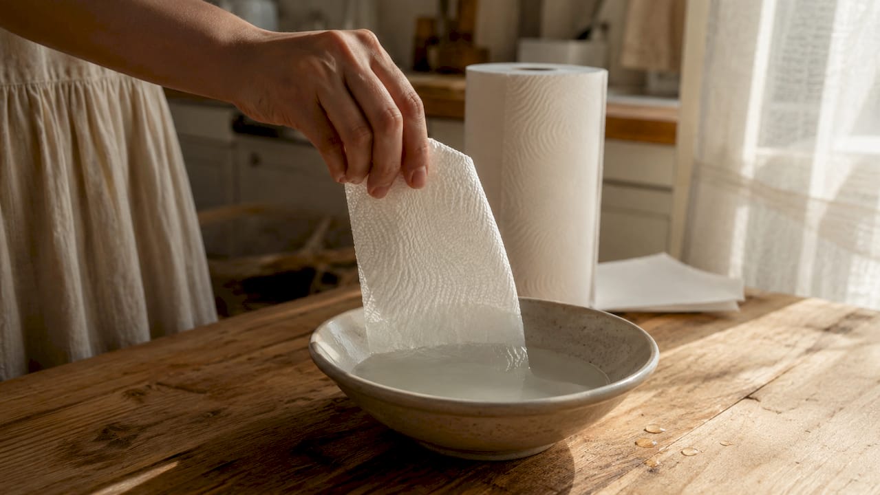 Paper towel absorbing water in bowl