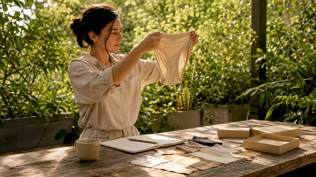 Designer examining bamboo underwear sample