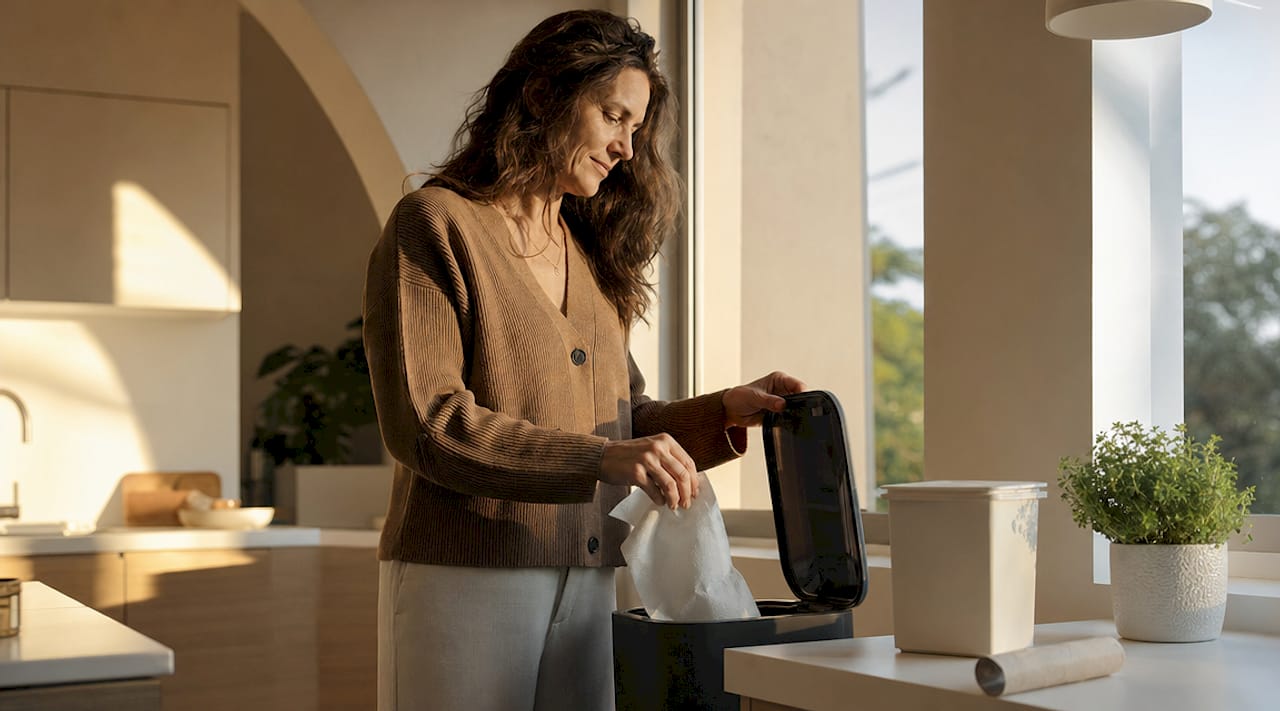 Woman disposing paper towel in compost bin