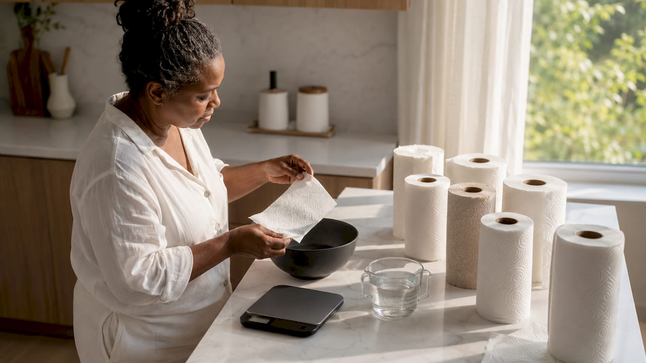 Woman testing paper towel absorbency in kitchen