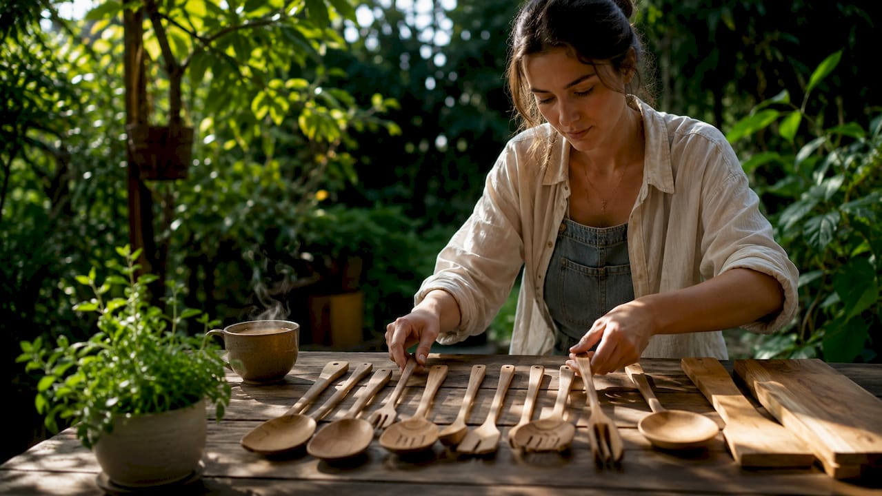 Artisan arranging bamboo kitchenware in workshop