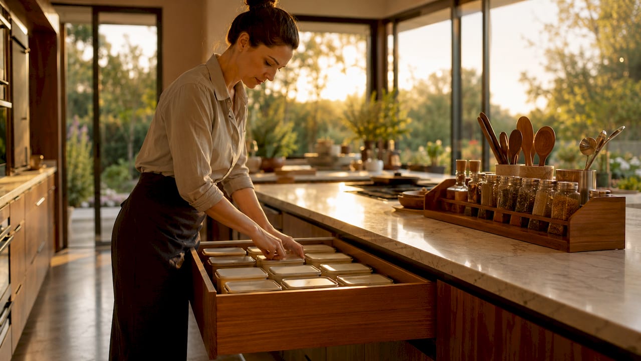 Woman organizing kitchen island storage zones