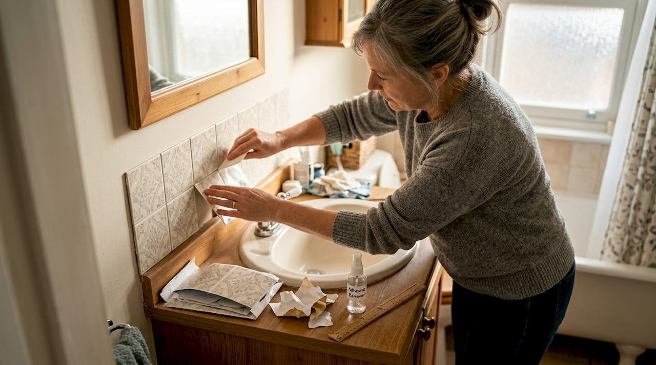 Woman applying peel-and-stick bathroom tiles