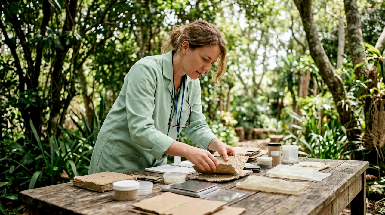 Scientist examining eco-friendly packaging samples