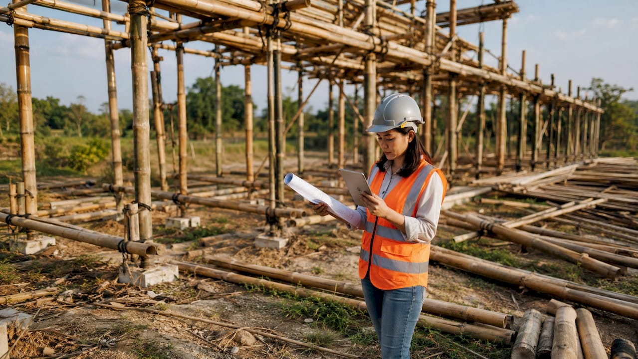 Structural engineer reviewing bamboo construction site plans