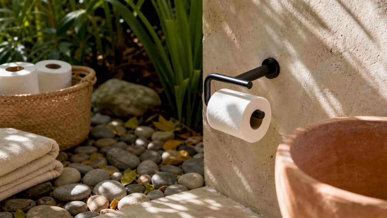Modern matte black toilet tissue holder in eco-friendly bathroom