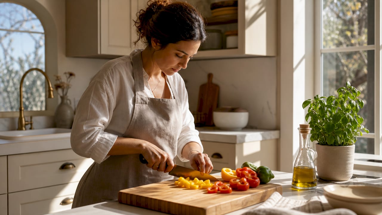 Woman chopping vegetables on bamboo cutting board