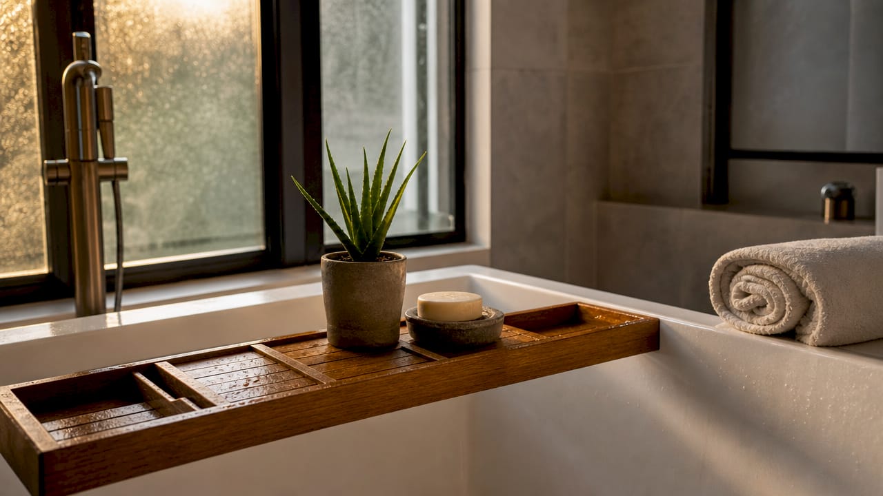 Teak wooden bath caddy on white bathtub