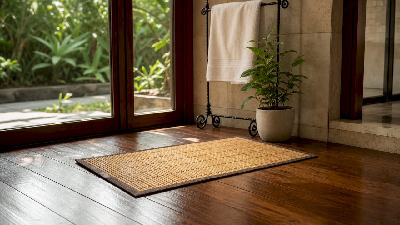 Bamboo bath mat near shower in bathroom