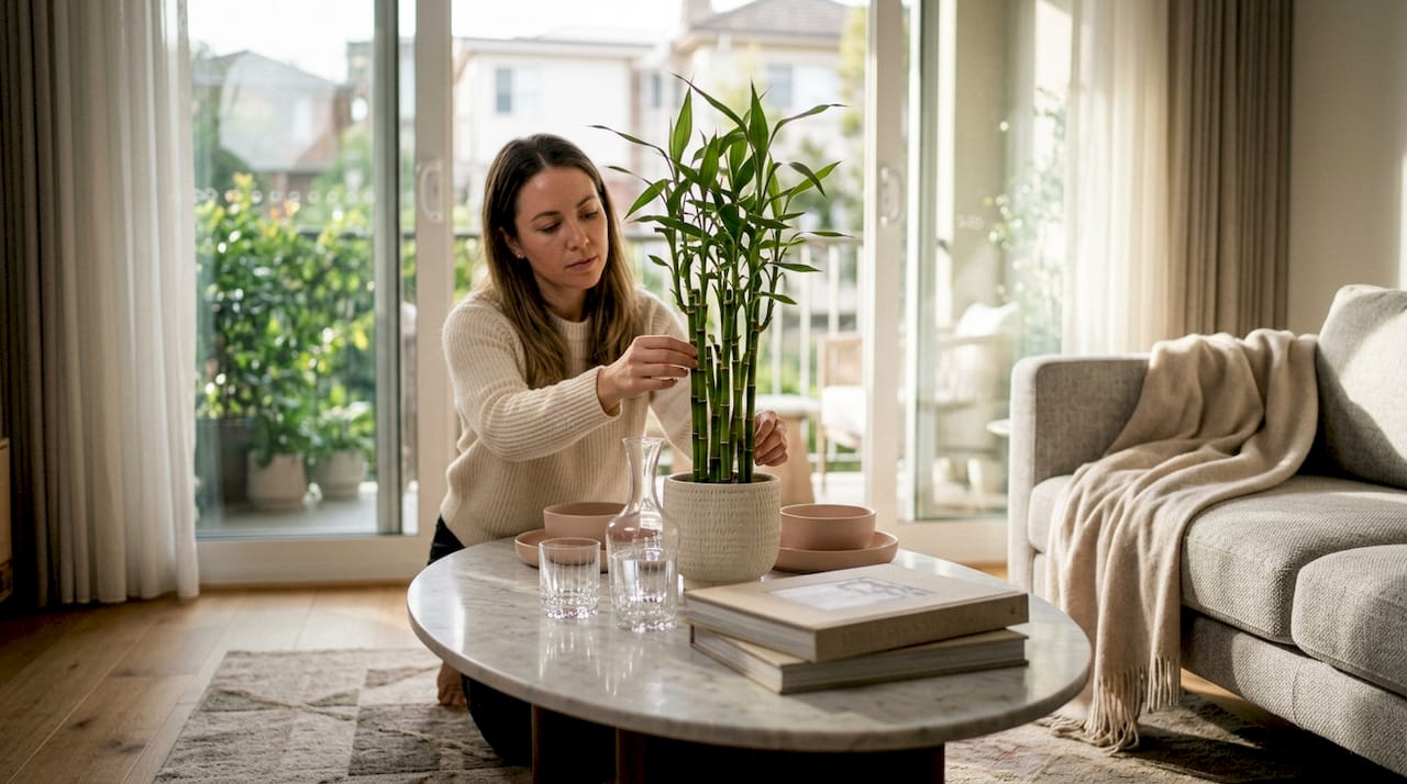 Woman arranging bamboo centerpiece on dining table