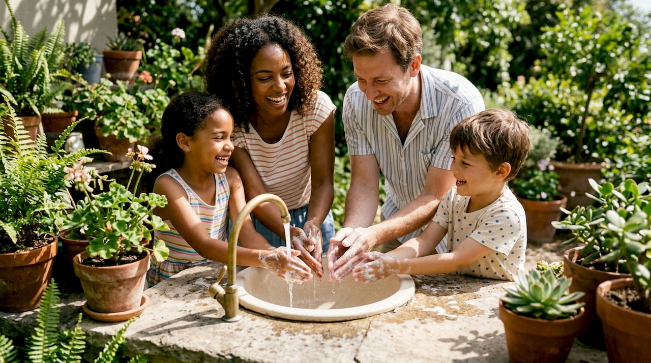 Family washing hands together in kitchen