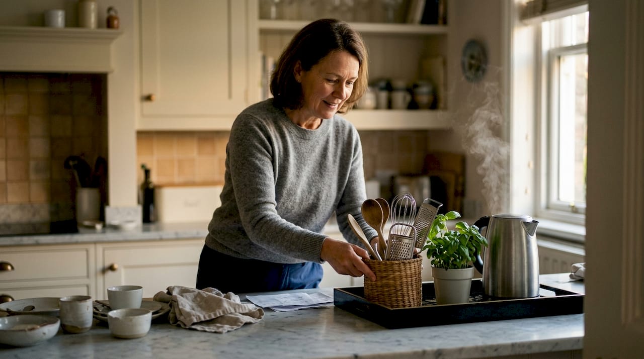 Woman clearing clutter from kitchen counter