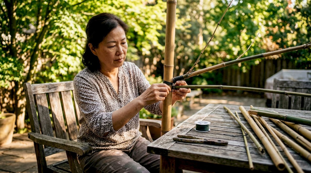 Person assembling DIY bamboo Christmas tree at home