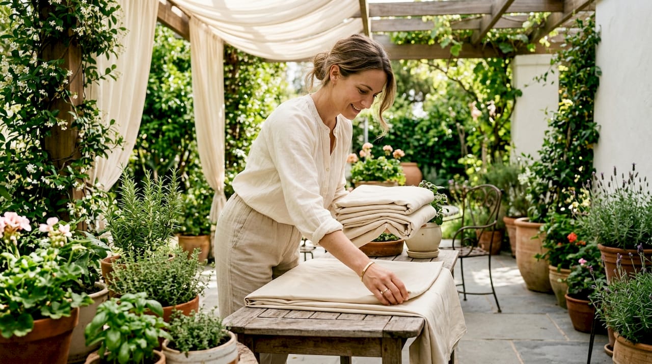 Woman arranging eco-friendly bamboo bed linens in bedroom