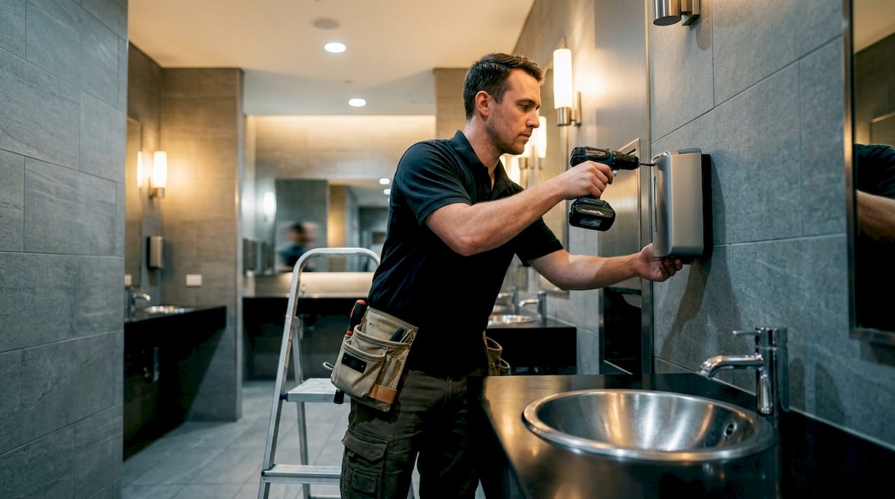Technician installing touchless soap dispenser in restroom