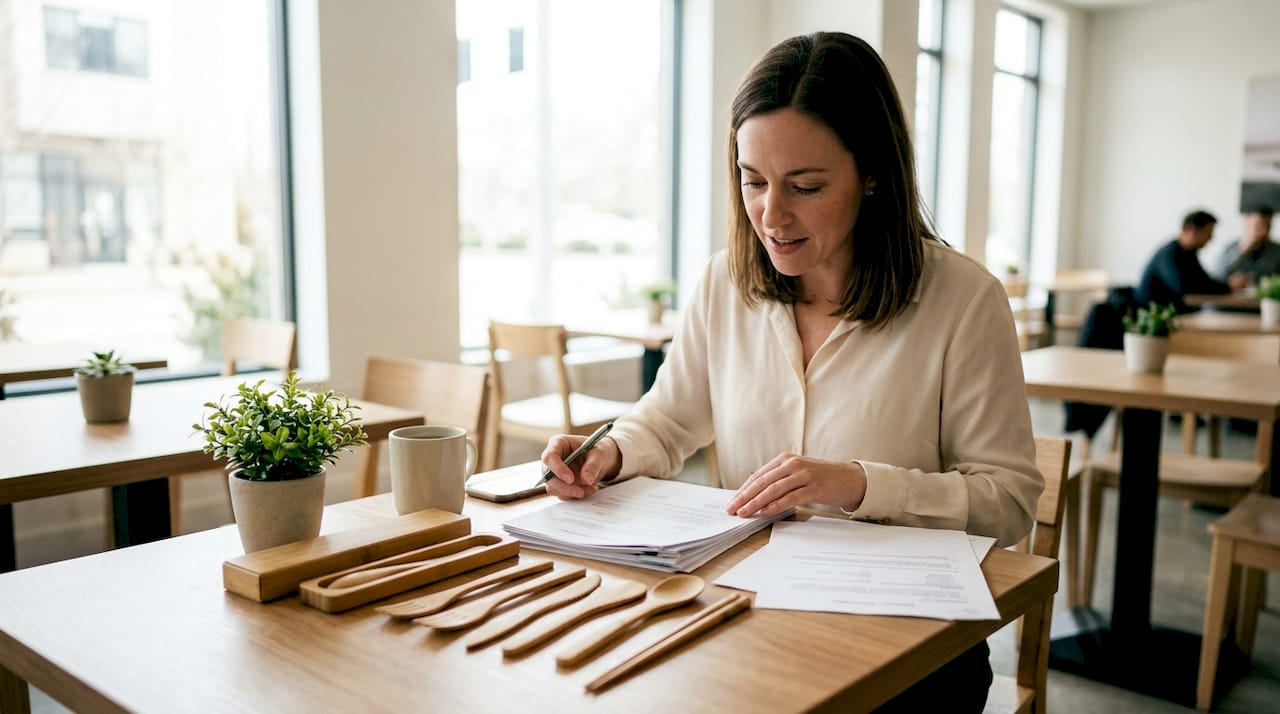 Woman inspecting bamboo product certifications
