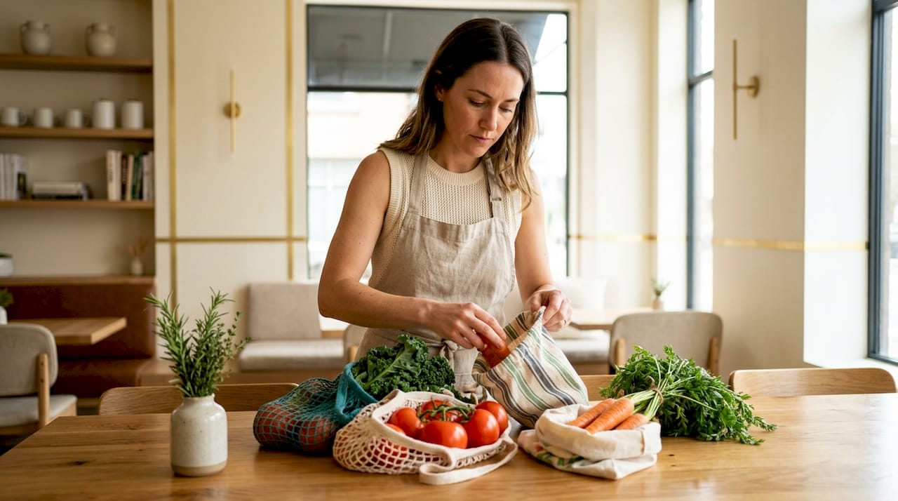 Woman packing fresh vegetables into reusable bags