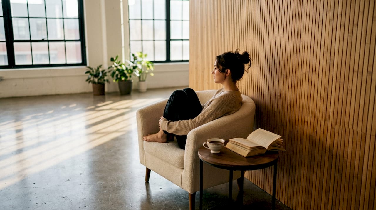 Living room with bamboo accent wall and woman relaxing