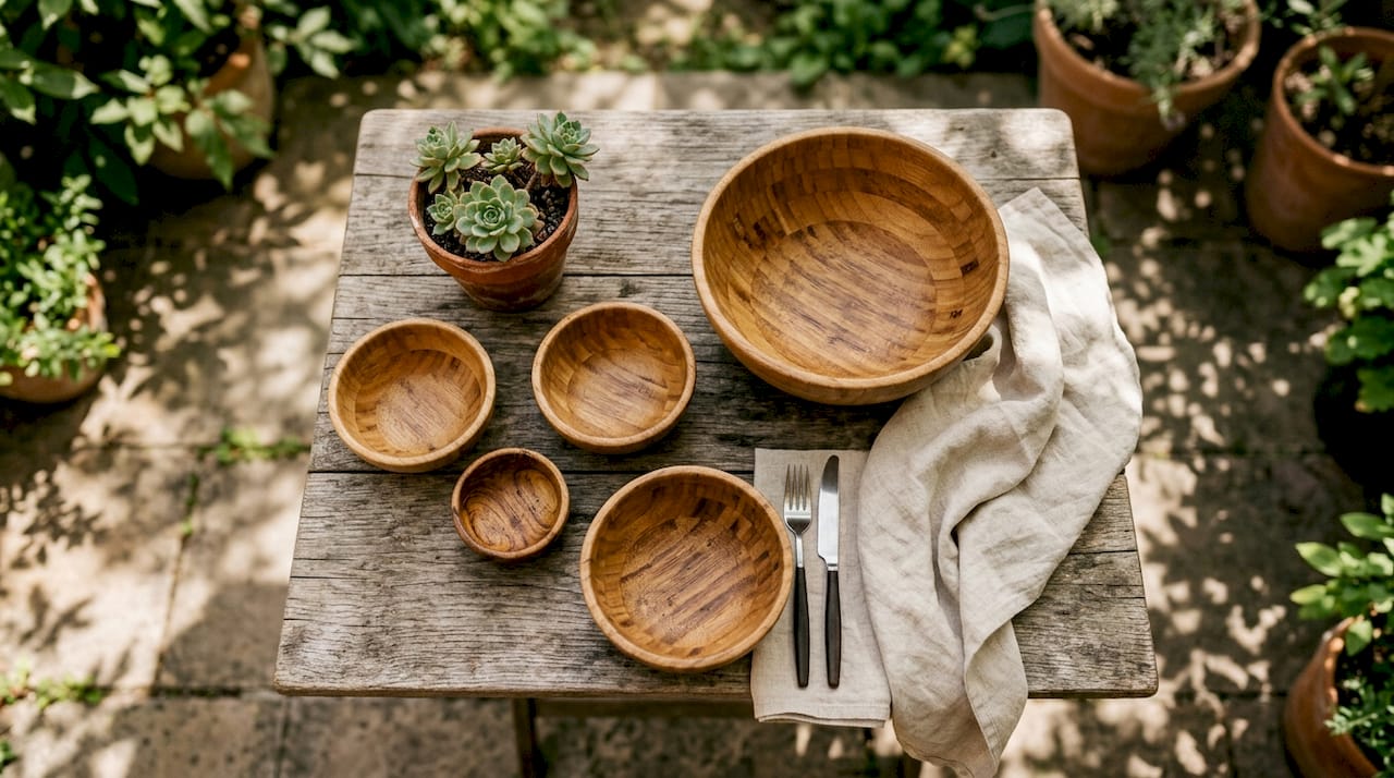 Handcrafted bamboo bowls on rustic kitchen table