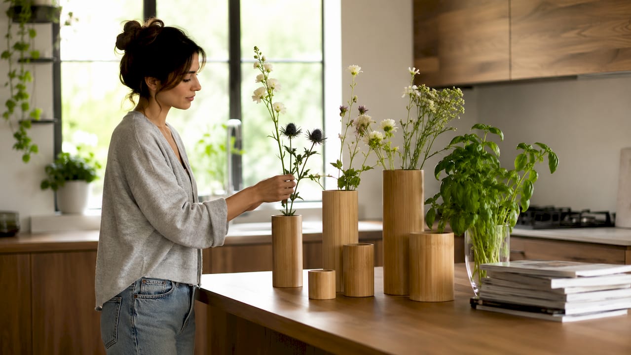 Woman arranging flowers in bamboo vase at home