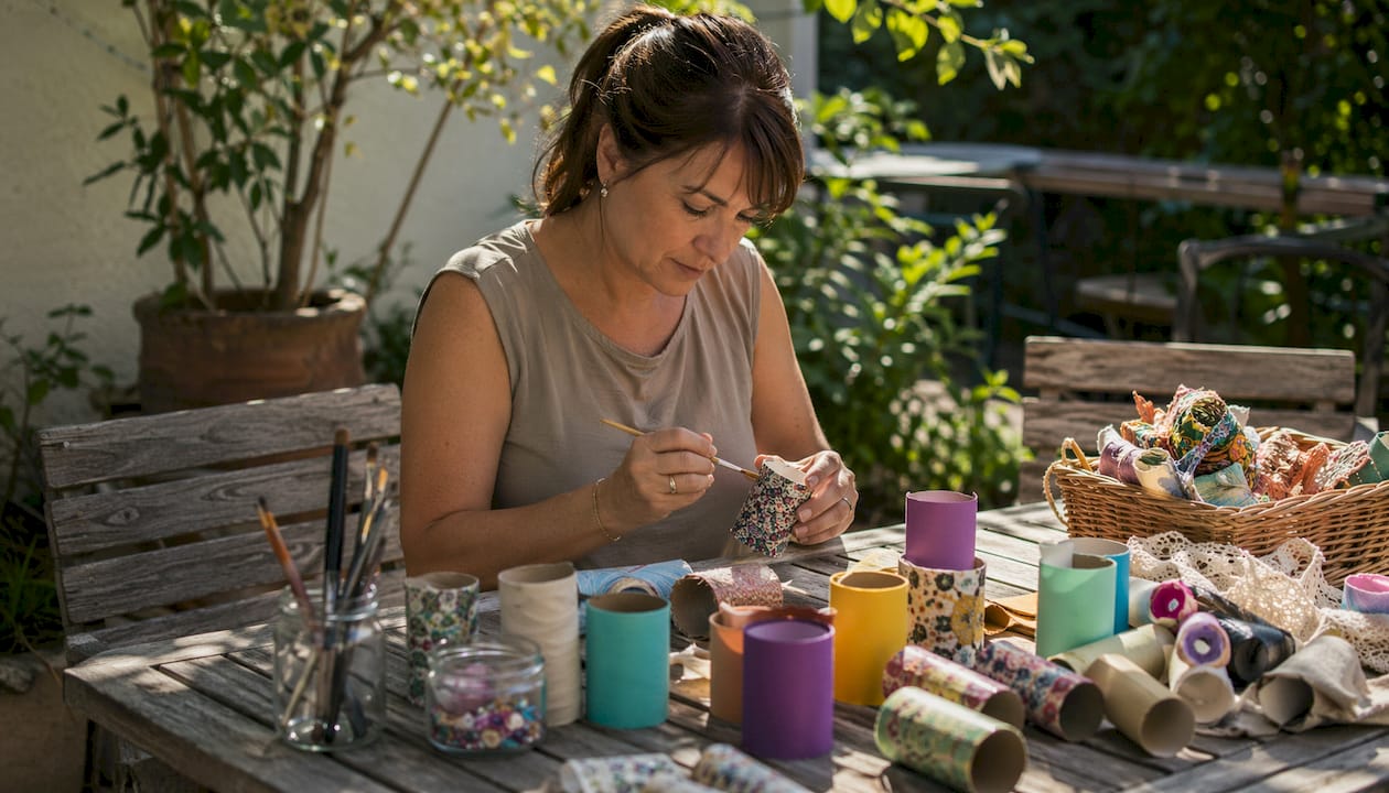 Woman crafting with decorated toilet paper rolls in bright kitchen