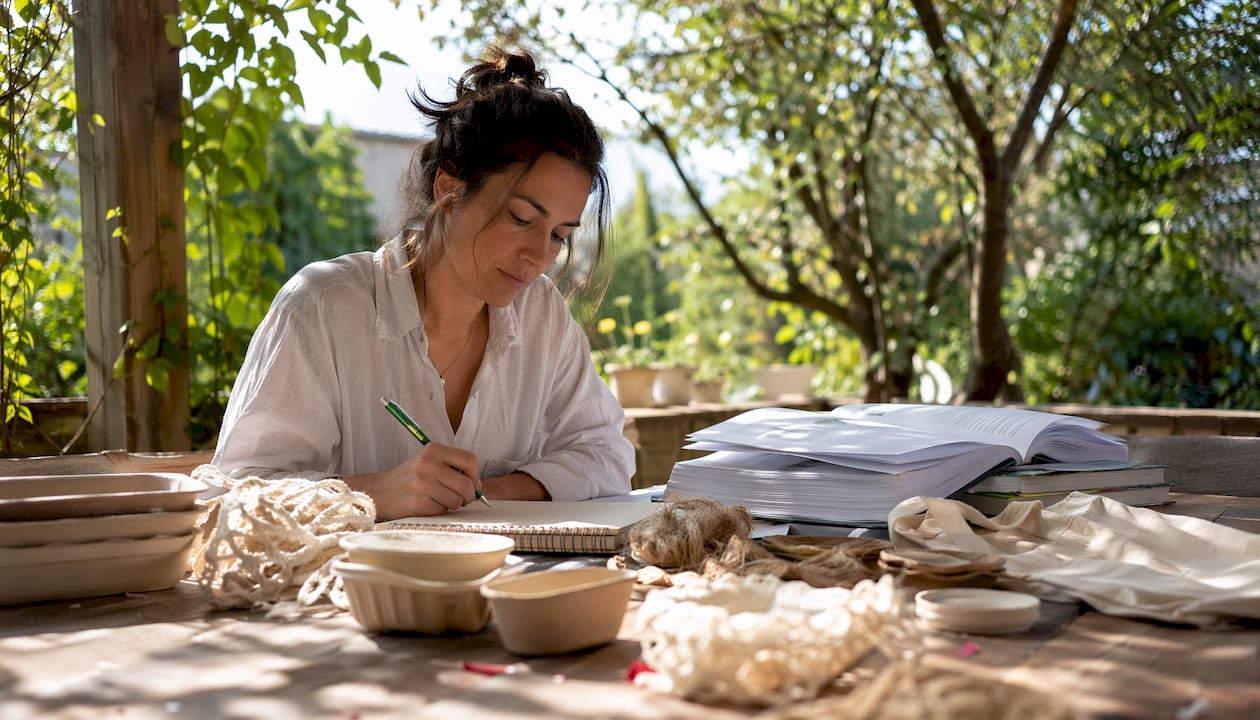Scientist studying biodegradable materials at home desk