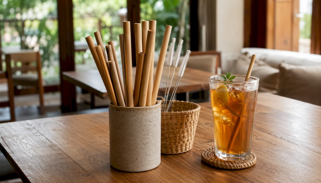 Assorted bamboo straws in kitchen setting