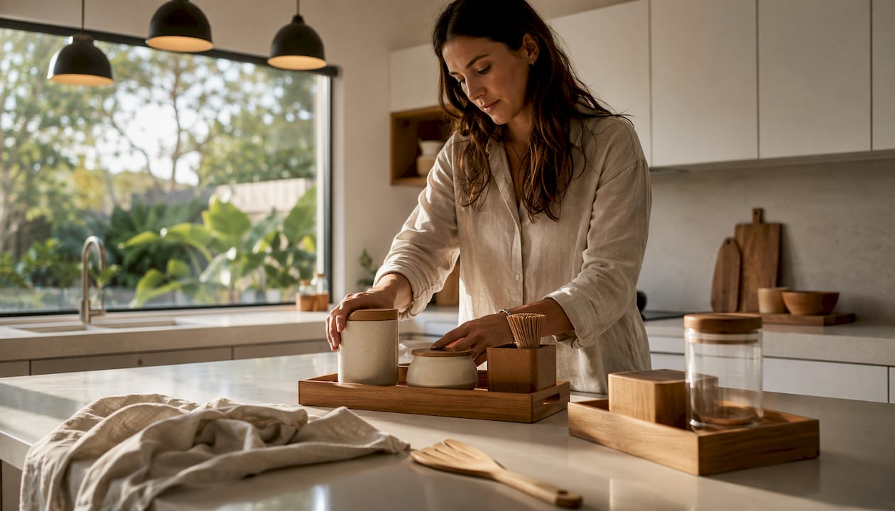 Woman arranging bamboo organizers in kitchen