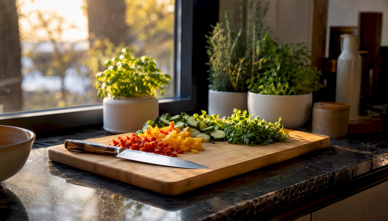 Bamboo cutting board with fresh vegetables in kitchen