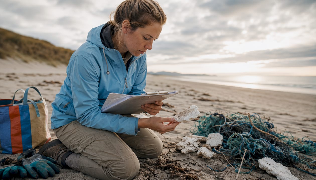 Scientist examining polluted shoreline littered with plastic