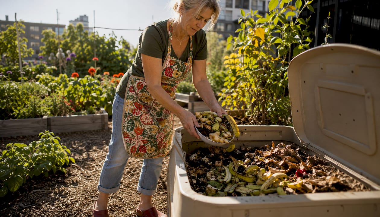 Woman sorting kitchen scraps into compost bin