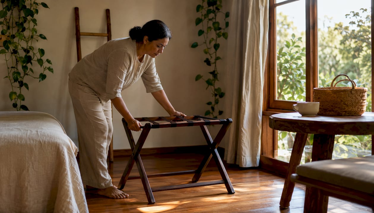 Woman setting up bamboo luggage rack in bright guest suite