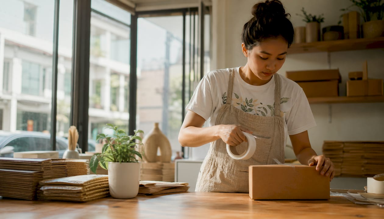 Small business owner inspecting eco-friendly packaging