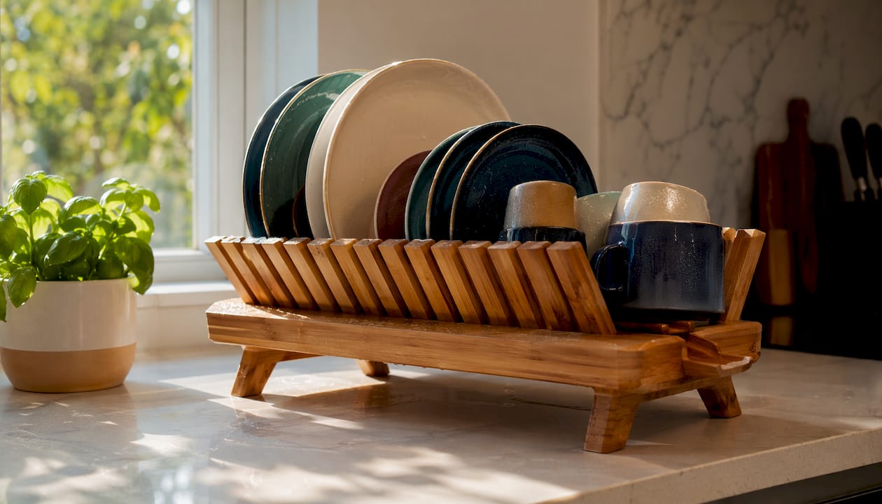 Bamboo wooden dish rack drying dishes on countertop