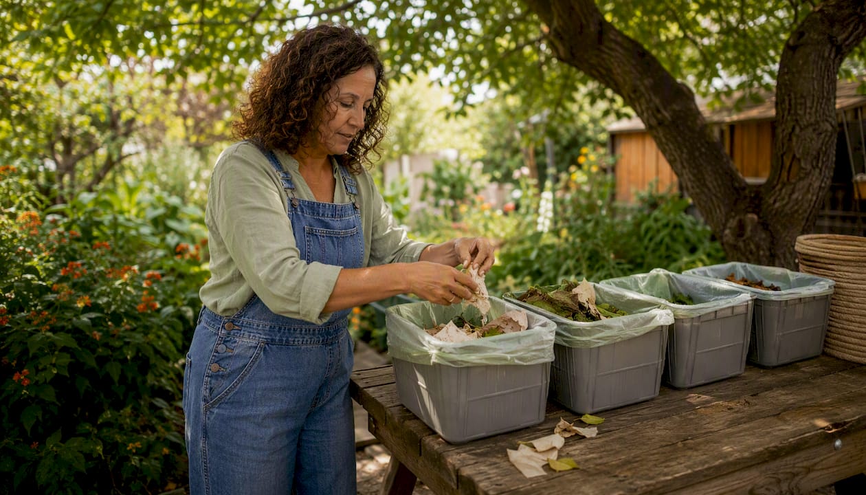 Teacher sorting biodegradable waste in classroom
