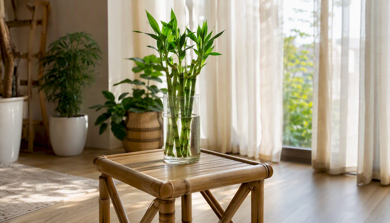 Lucky bamboo plant in glass container by window
