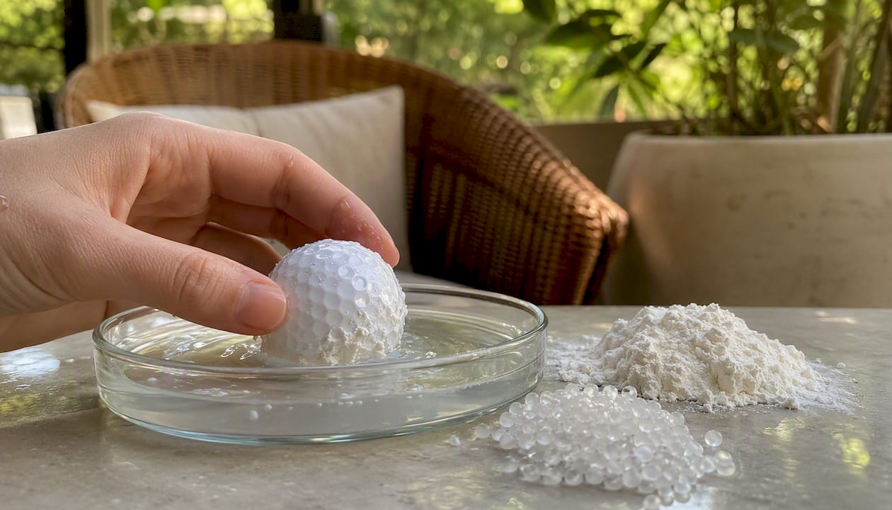 Hand holding partially dissolved biodegradable golf ball