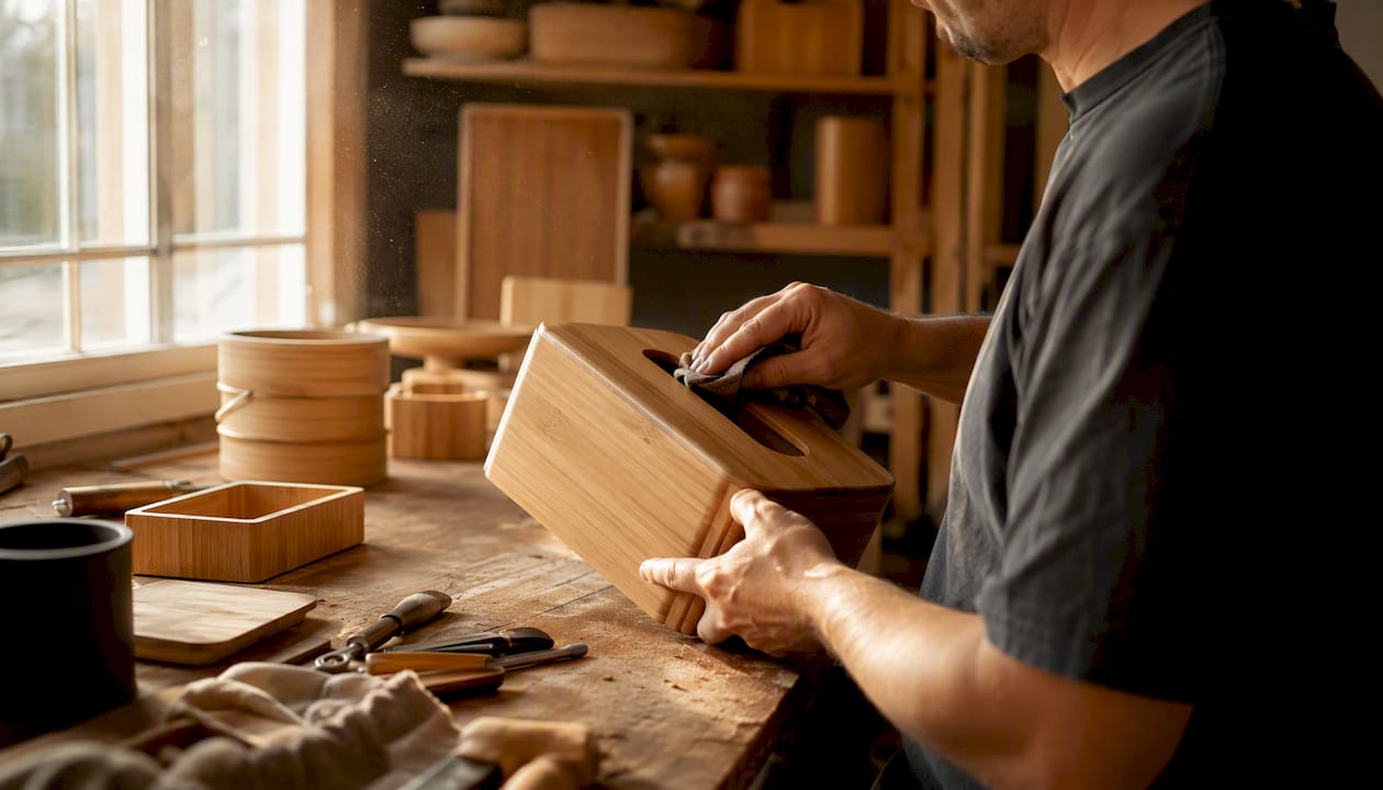 Hands sanding bamboo towel dispenser edge