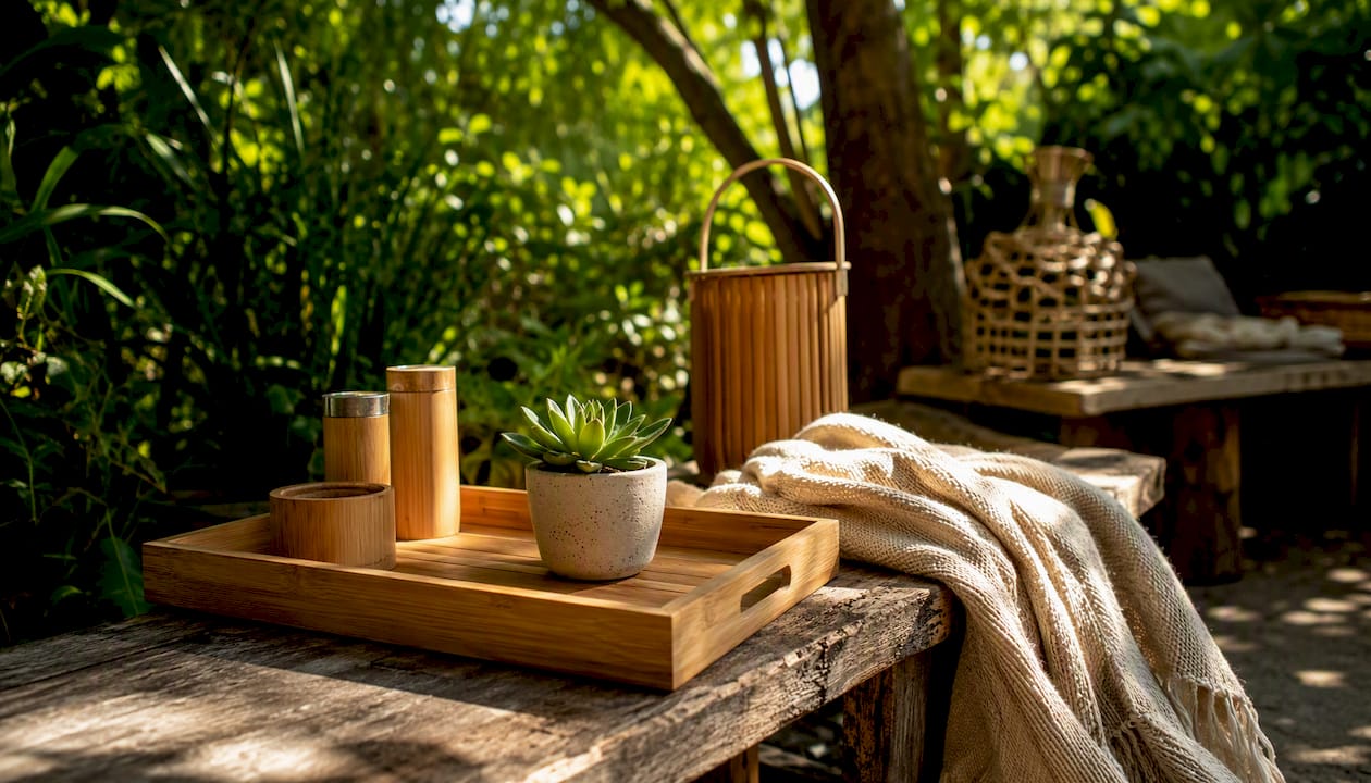 Eco-friendly living room corner with bamboo decor