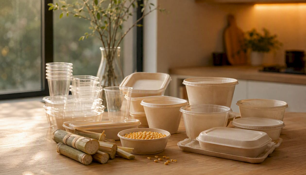 Close-up of bio-based plastic containers with natural feedstocks