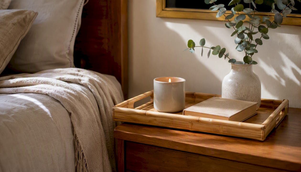 Tidy bedside table with lamp, water, and tray