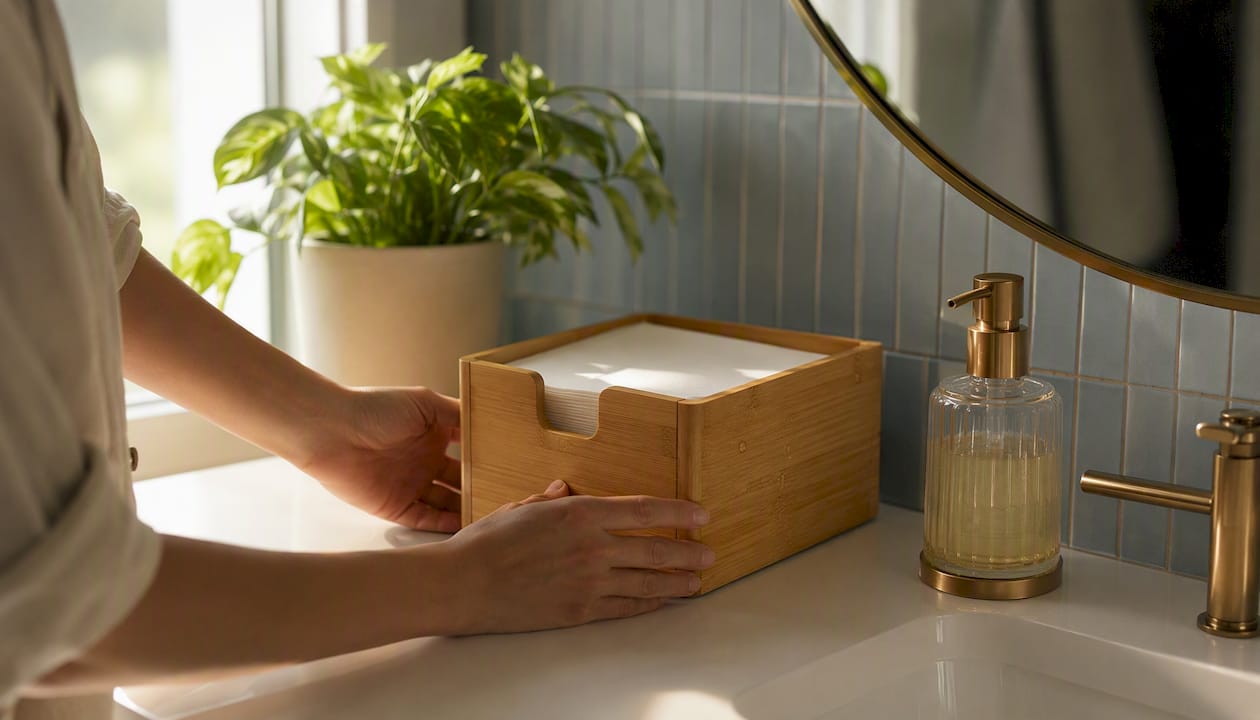 Hands placing bamboo paper towel dispenser in kitchen