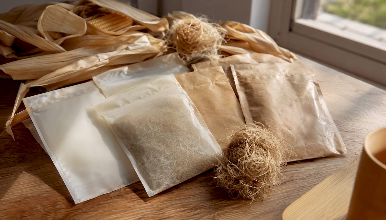 Different biodegradable bags in natural light