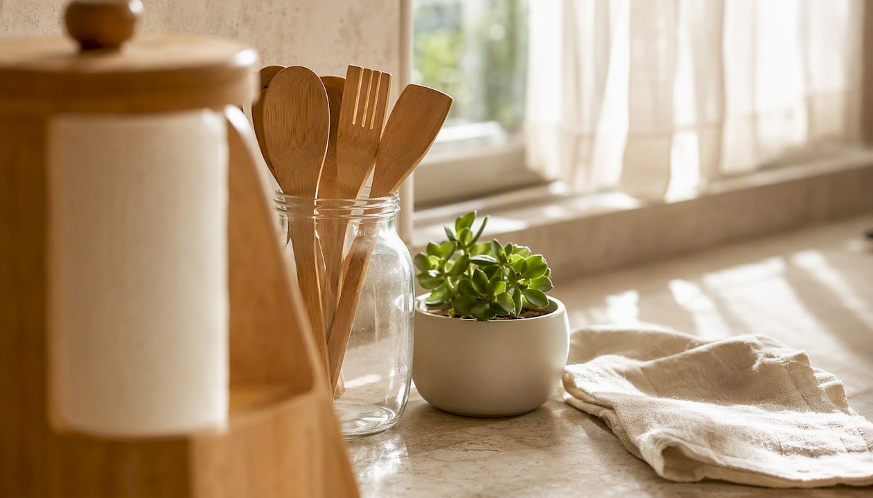 Bamboo kitchen accessories in warm eco-friendly home