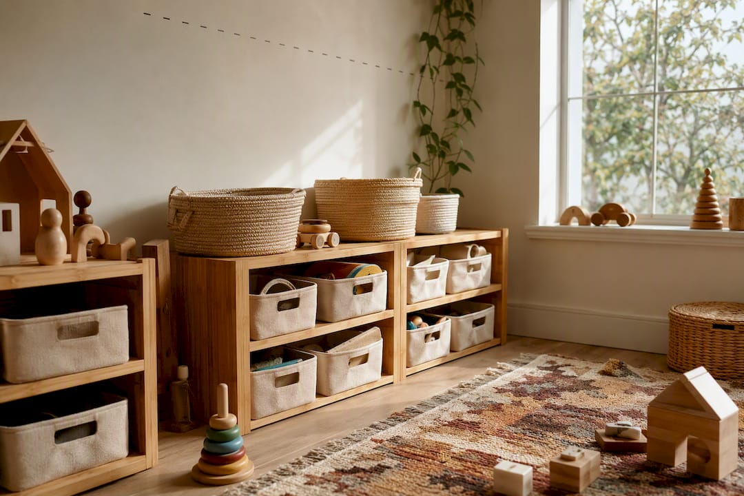 Eco-friendly playroom storage at child reach level
